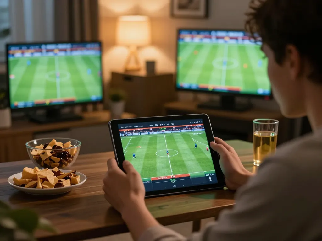 Capturing a sports betting enthusiast on nhandinhkeonhacai analyzing live matches with advanced gaming setup.