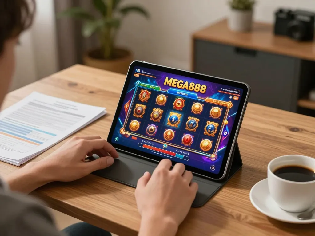 Engaging gameplay on a tablet featuring MEGA888 slot game, cozy home office setting.