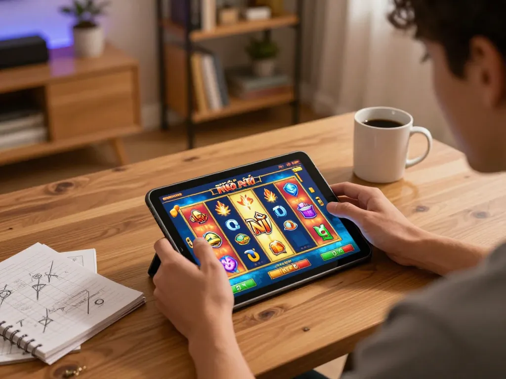 Nổ hũ gaming on a tablet in a cozy home environment, showcasing colorful slot graphics and strategy notes.