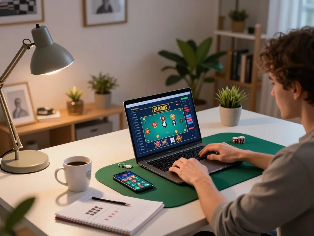 Player enjoying 79win online poker with strategy notes on a cozy gaming setup