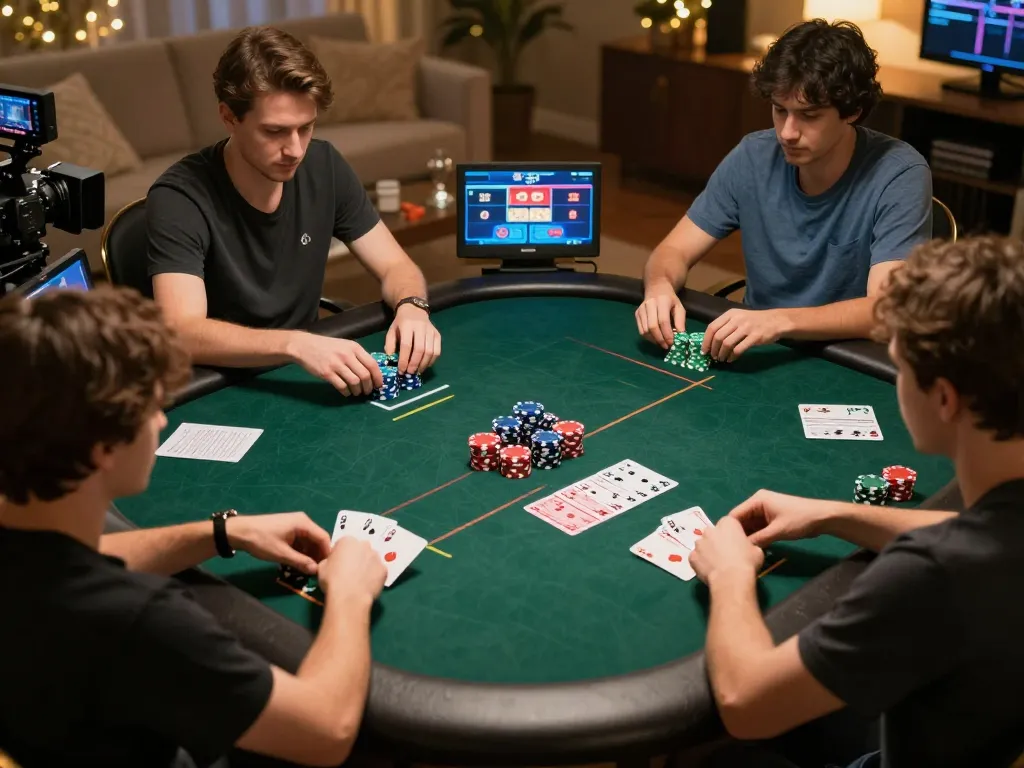 Jun88 players engaged in an intense online poker session, showcasing strategy and excitement in a home setting.