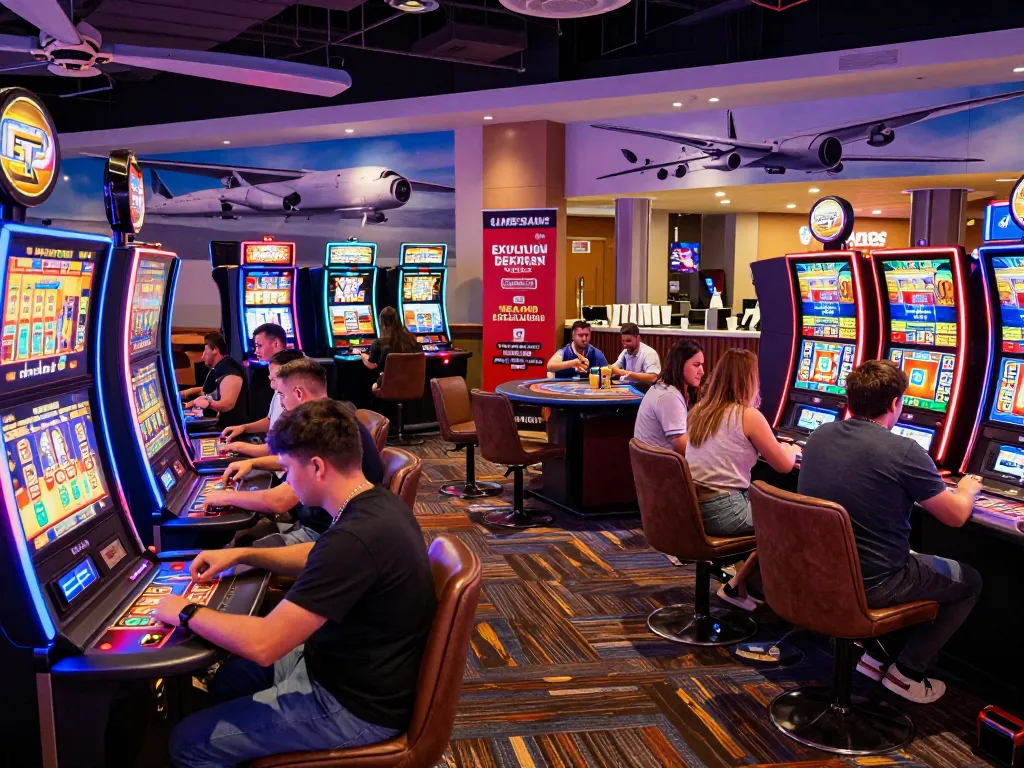 Exciting B52 casino game room scene with players enjoying various games and vibrant lighting.