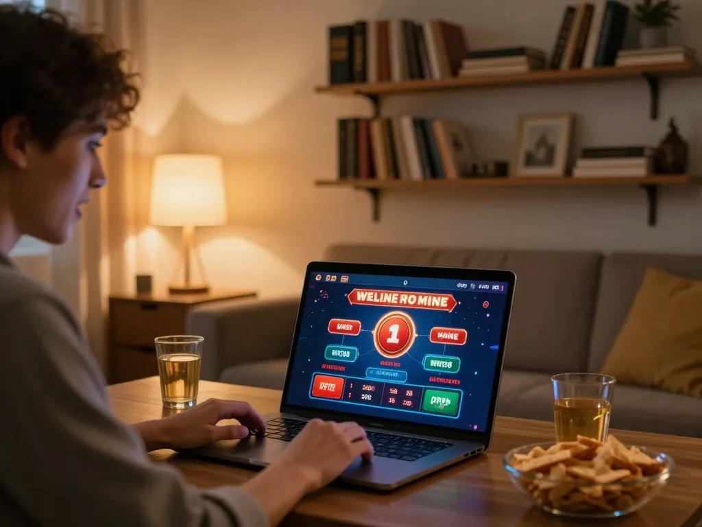 PH22 user enjoying online gaming experience on laptop in a cozy living room.