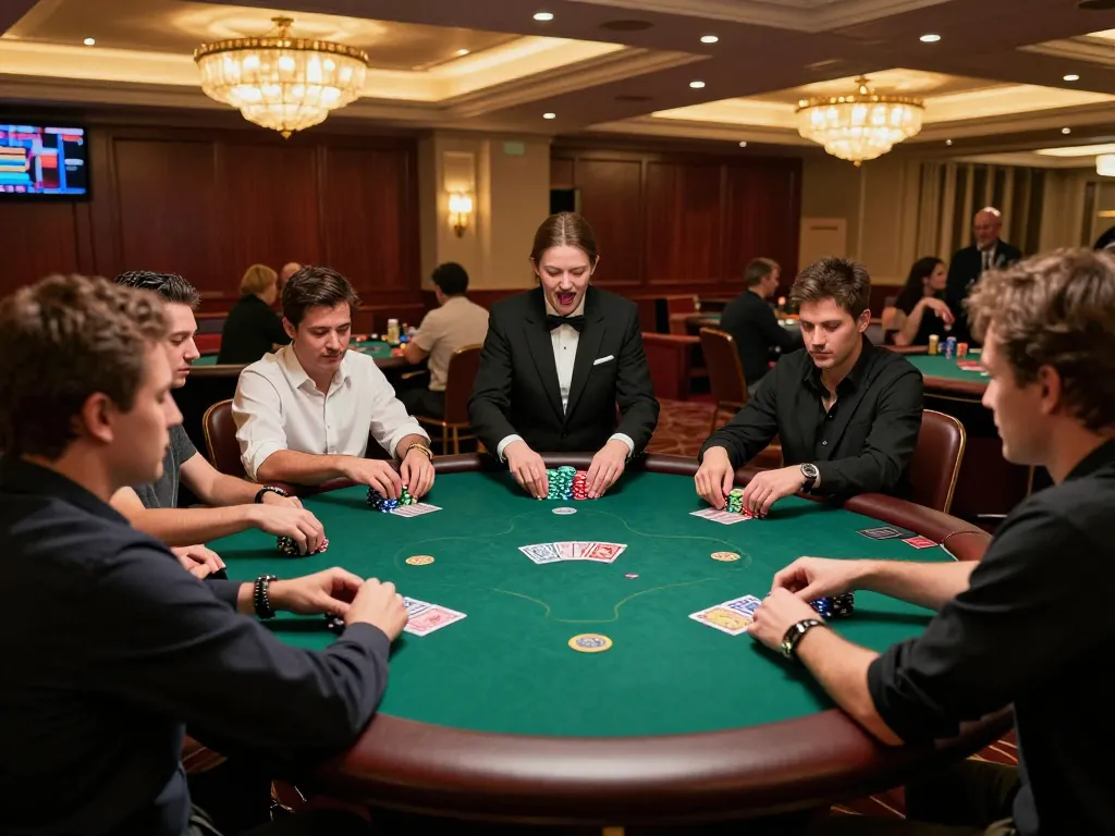 rik88 poker players strategizing at green felt table in upscale casino atmosphere