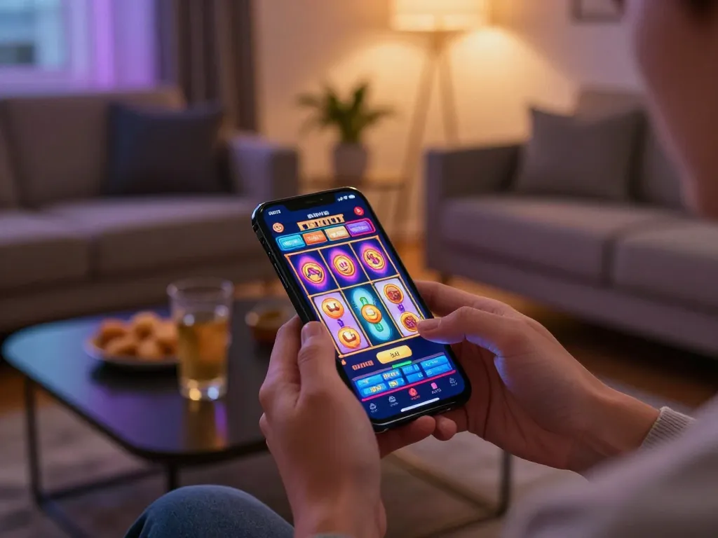 Engaged player using LC88 app on smartphone for online gambling in cozy setting.