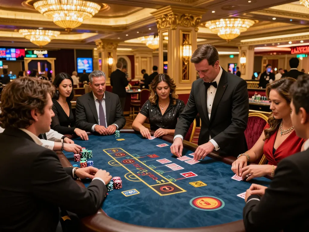 Players enjoying a thrilling blackjack game at KK55 casino, showcasing professional dealer and vibrant atmosphere