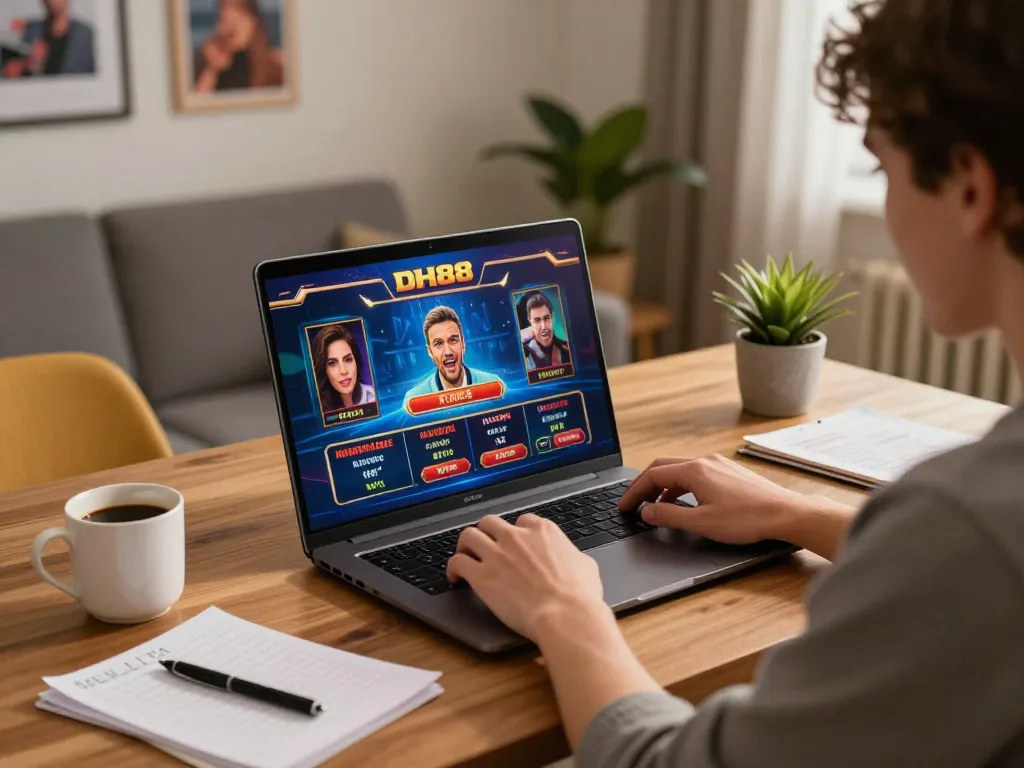 Engaging gameplay at DH88 with a player strategizing on a laptop amidst a cozy home setup.