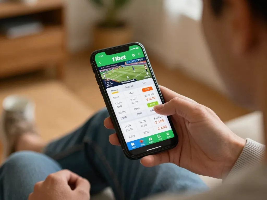Bet on live sports with the 11bet app using a smartphone, showcasing betting selections and a relaxed atmosphere.