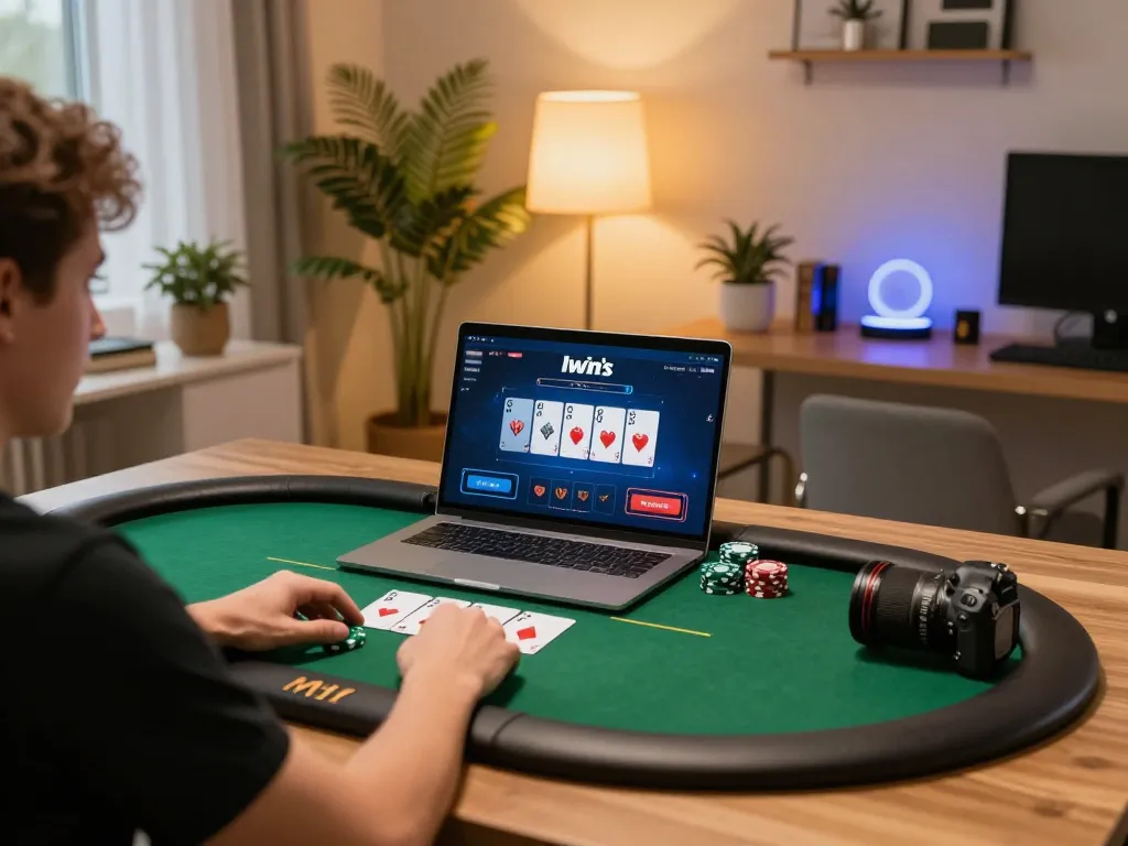 Play poker online with Iwin's interface displayed on a laptop in a cozy home setting