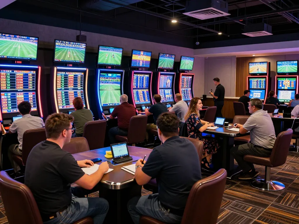 Engaged bettors analyzing odds at the UK88 sports betting lounge, excitement in the air