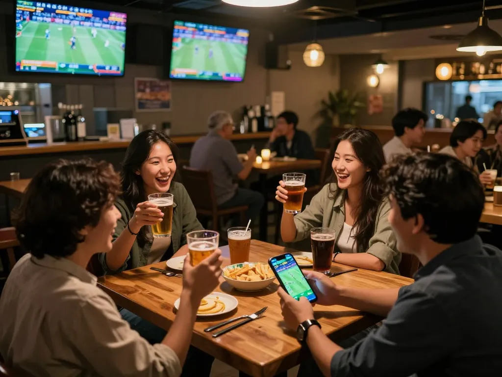 Bongdalu offers a thrilling sports betting experience at a lively bar with friends cheering for their bets.