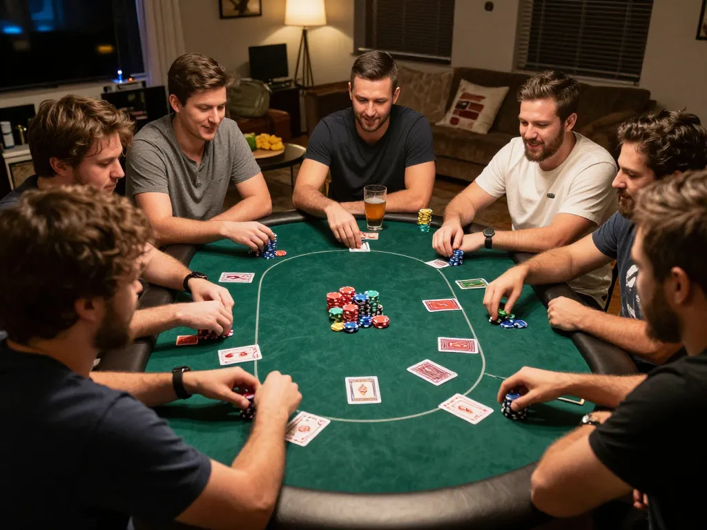 Go88 home poker night with friends enjoying Texas Hold'em and vibrant chip stacks