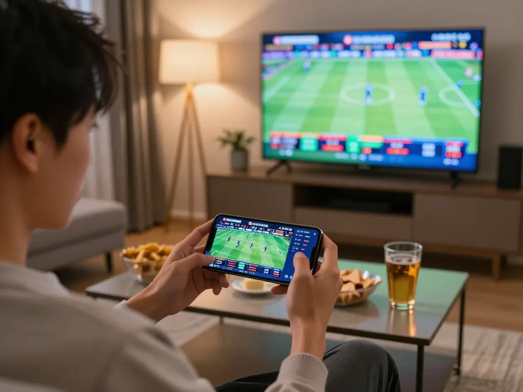 Engaging sports betting moment on smartphone highlighting alo8 live odds in a cozy home setting.