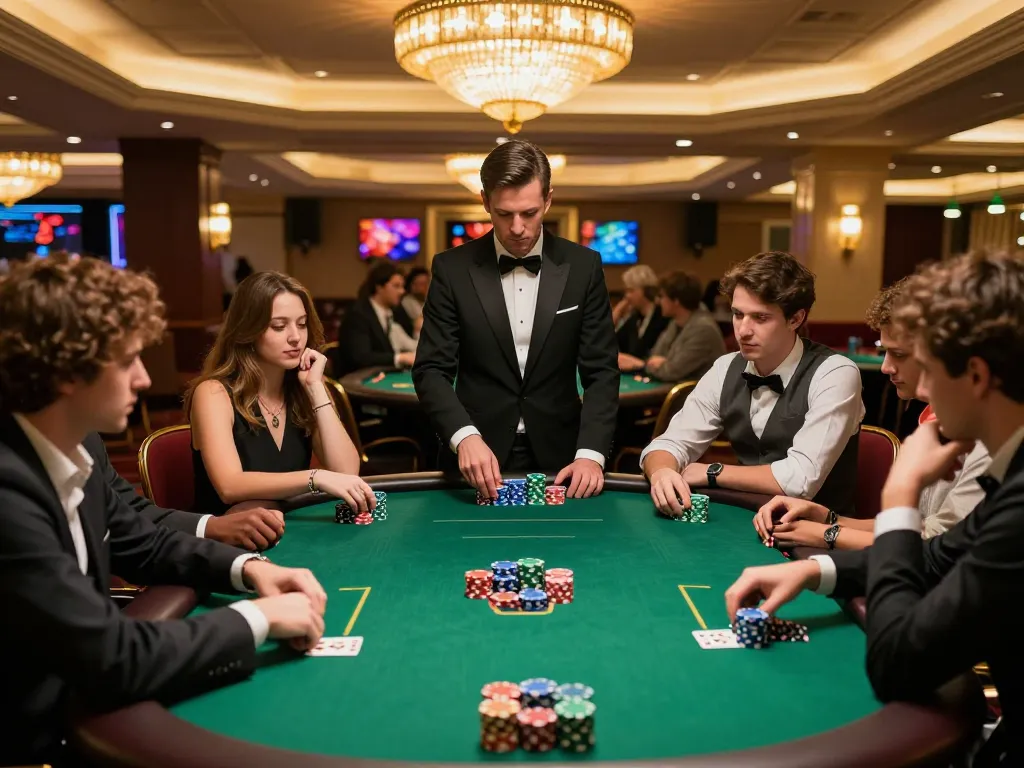 LC88 poker players strategizing at a high-stakes table under warm casino lighting.