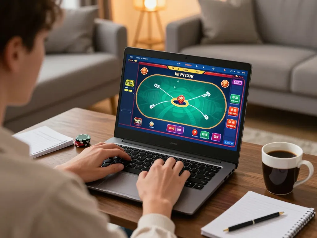 Engaging gaming scene showcasing a player on a laptop for sun win gameplay in a cozy home setting.