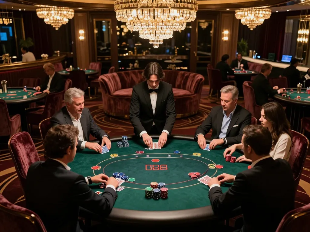 Players gathered at the FC88 private poker table strategizing for a winning hand in an upscale casino atmosphere