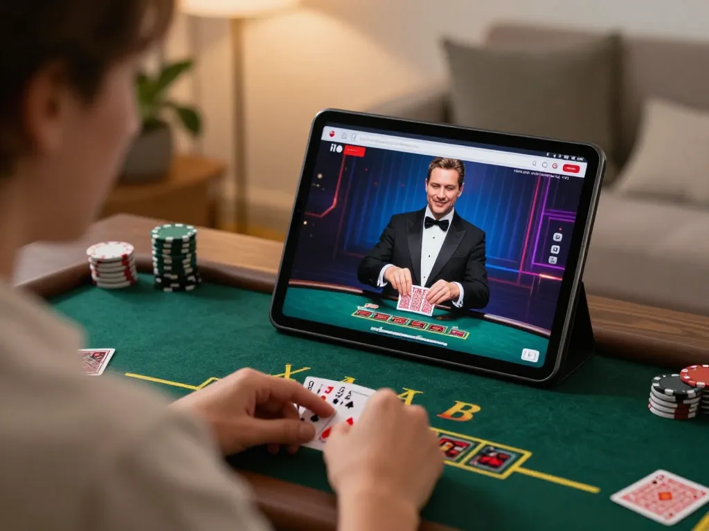 vin88 player enjoying live dealer blackjack on tablet, showcasing immersive home gaming experience