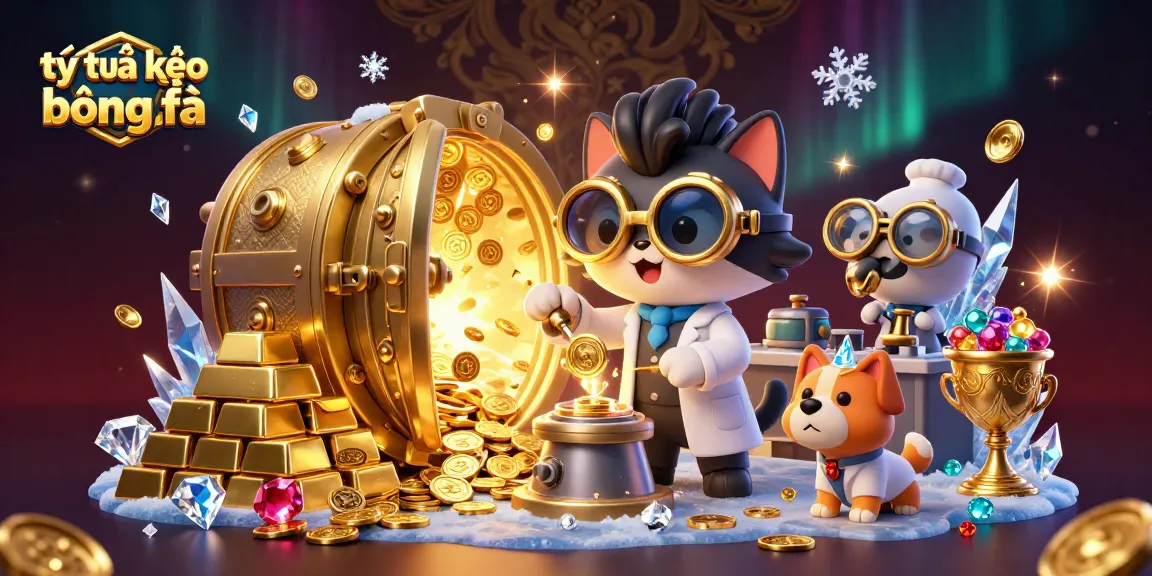 Bettors analyze tỷ lệ kèo bóng đá amidst a vibrant scene of riches and excitement in a casino world.