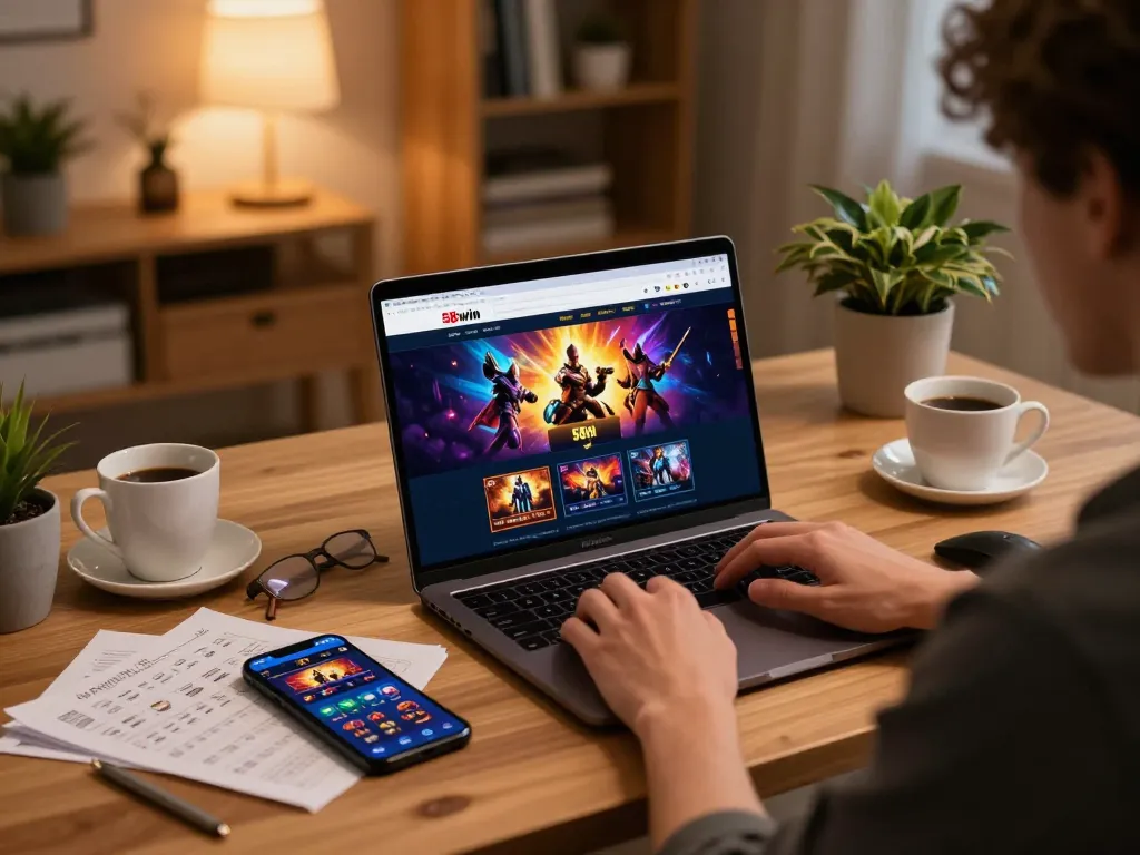 Player engaging with the 58win casino website on a laptop in a cozy, organized home office environment.