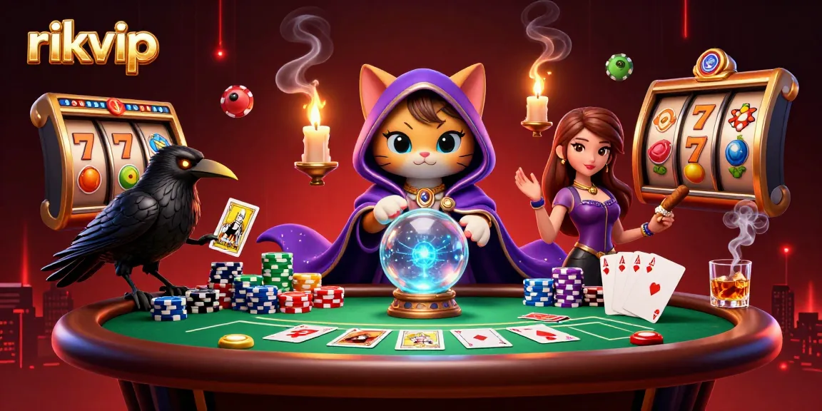 Engage with thrilling slots and poker at rikvip, featuring vibrant casino elements and unique characters.