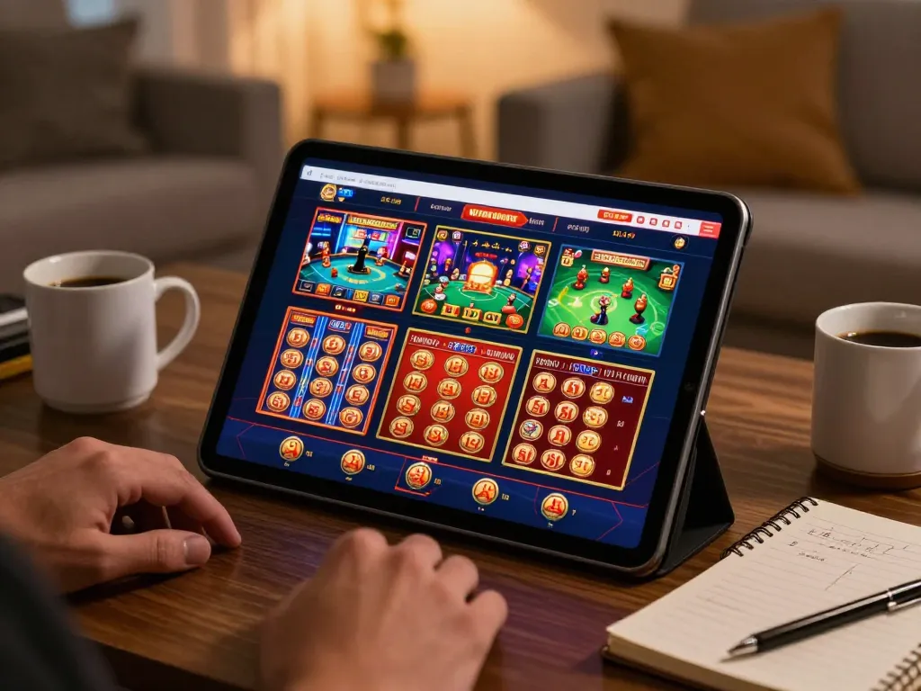 Engaging online casino gaming session on tablet showcasing tt88 platform with vibrant game graphics.