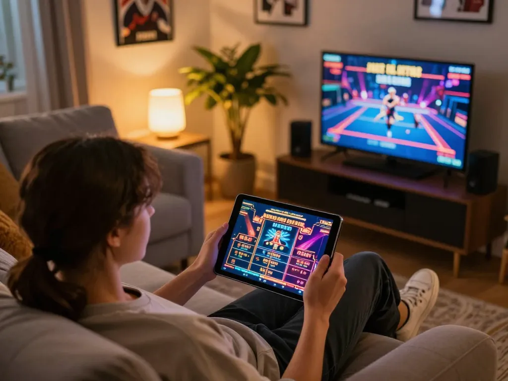 Player enjoying LV88's exciting online casino games on a tablet in a stylish home setting.