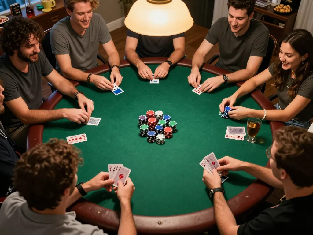 Players enjoying an exciting poker night at home with nhà cái 789win strategies and competitive spirit.