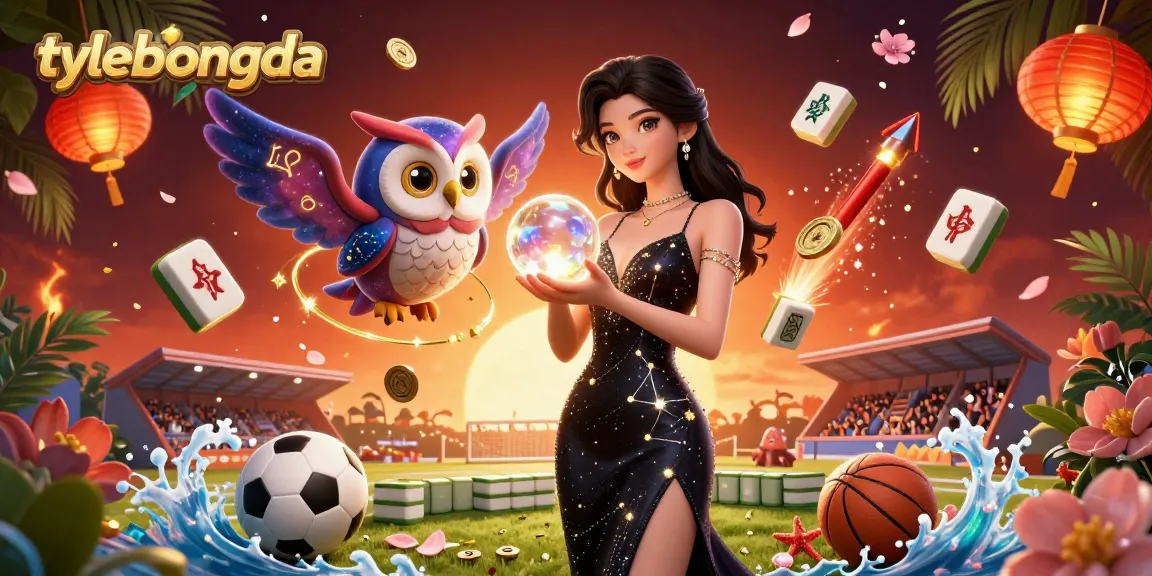 Engage with tylebongda's dynamic betting scene featuring a woman and owl amidst vibrant sports elements and captivating casino visuals.
