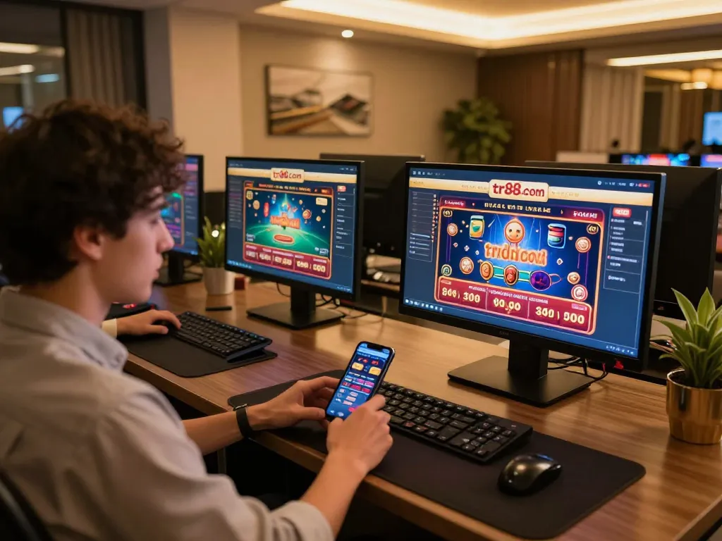 Engaging user exploring tr88 com on multiple screens during an exciting online casino session.