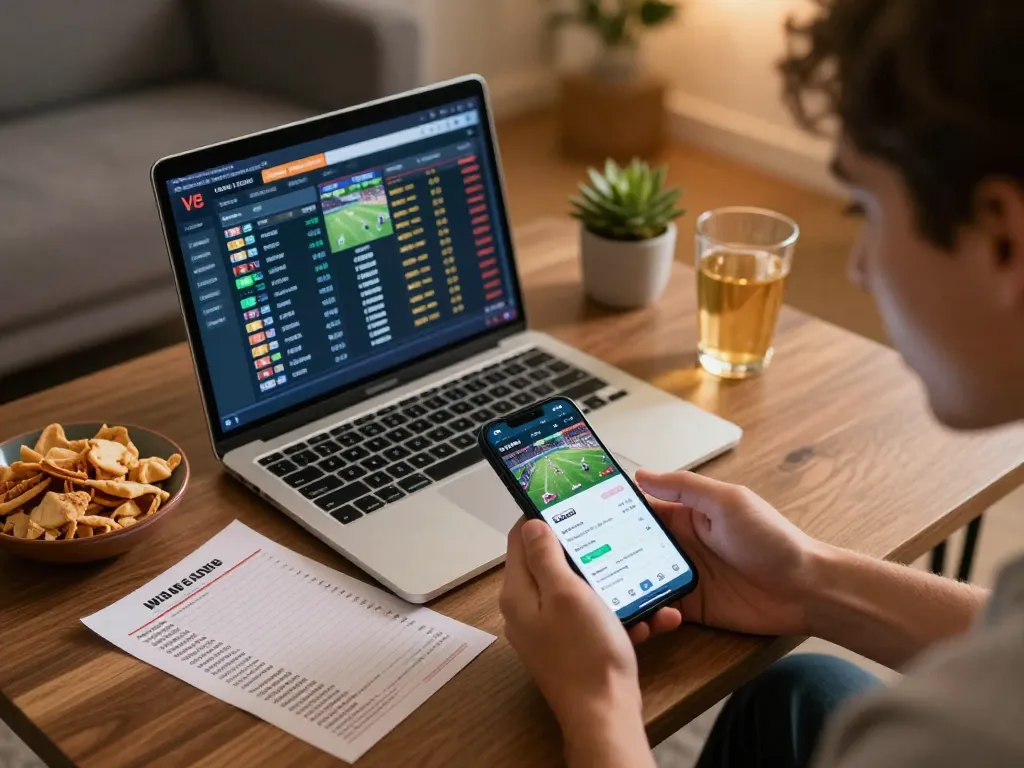 Engaging sports betting at home on lu88 with laptop and snacks on table