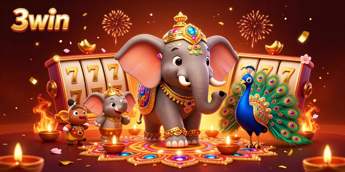 Experience vibrant casino action with 3win's dynamic 3D elephant and slots illustration.