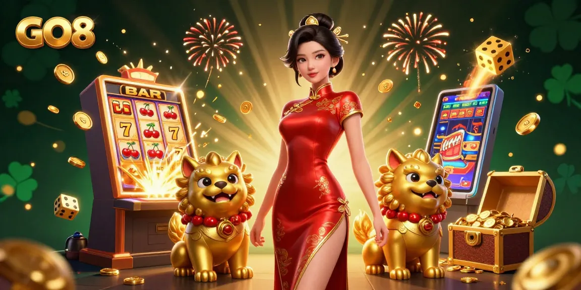Experience the excitement of GO8 with a glamorous scene of slots, fireworks, and fortune awaiting!