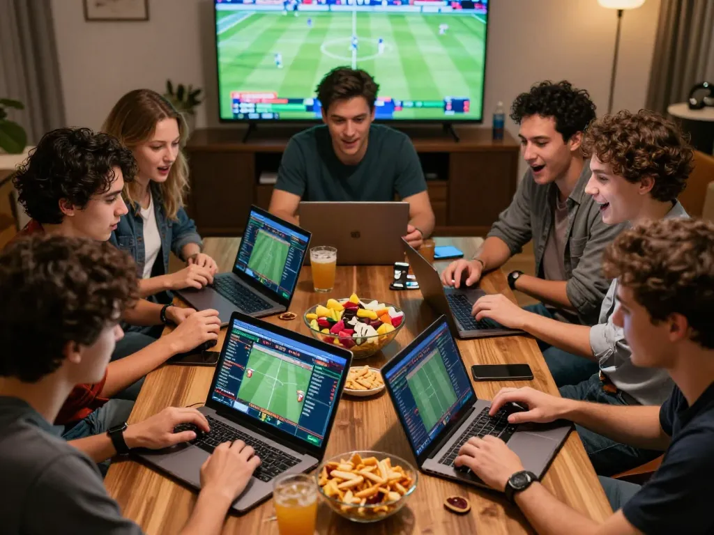 Sports enthusiasts engaged in dynamic sports betting on nhandinhkeo platform, analyzing statistics.