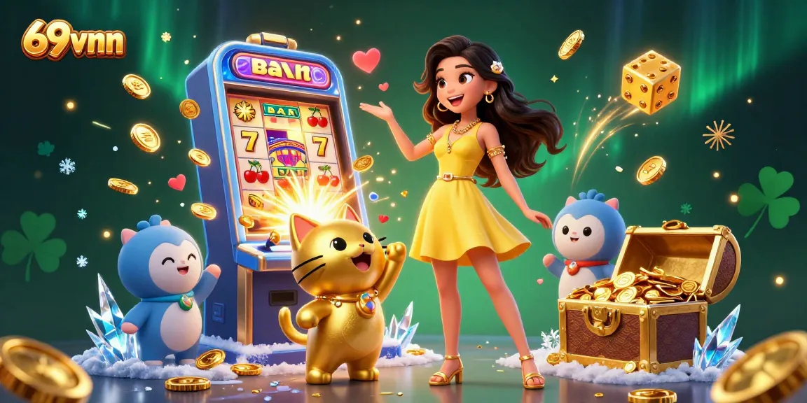 Engage with the excitement of 69vnn as the lucky cat and cheerful woman celebrate winnings in a vibrant casino setting.