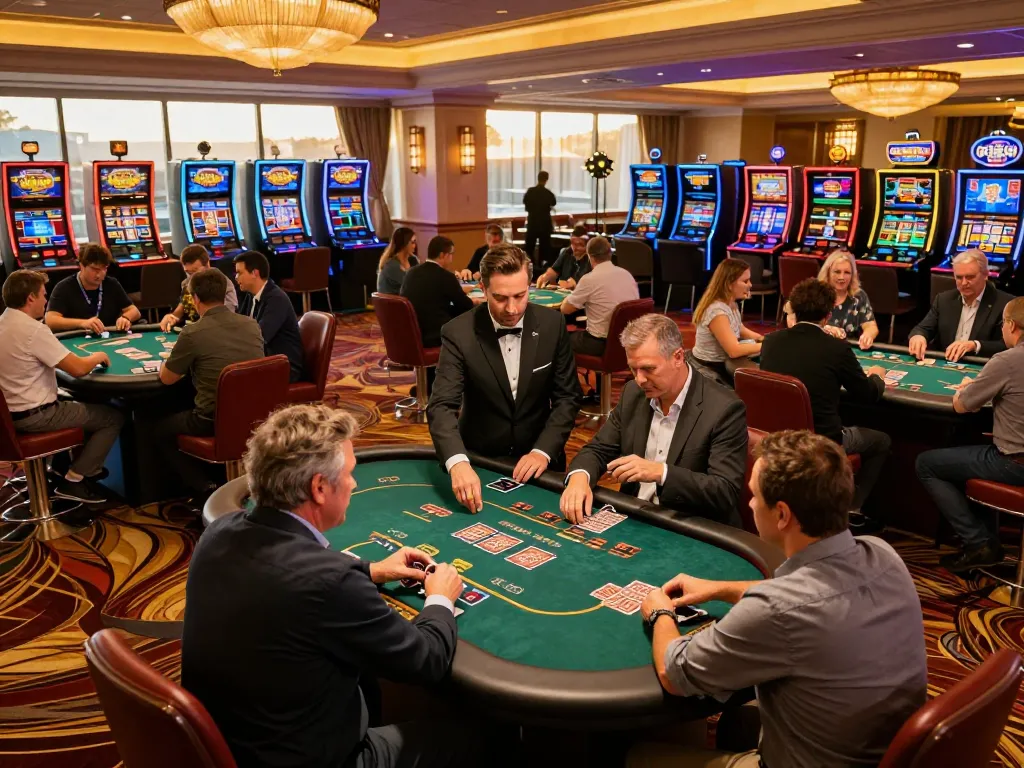 Players engaging in strategic card games at RIK casino, surrounded by vibrant lighting and excitement.
