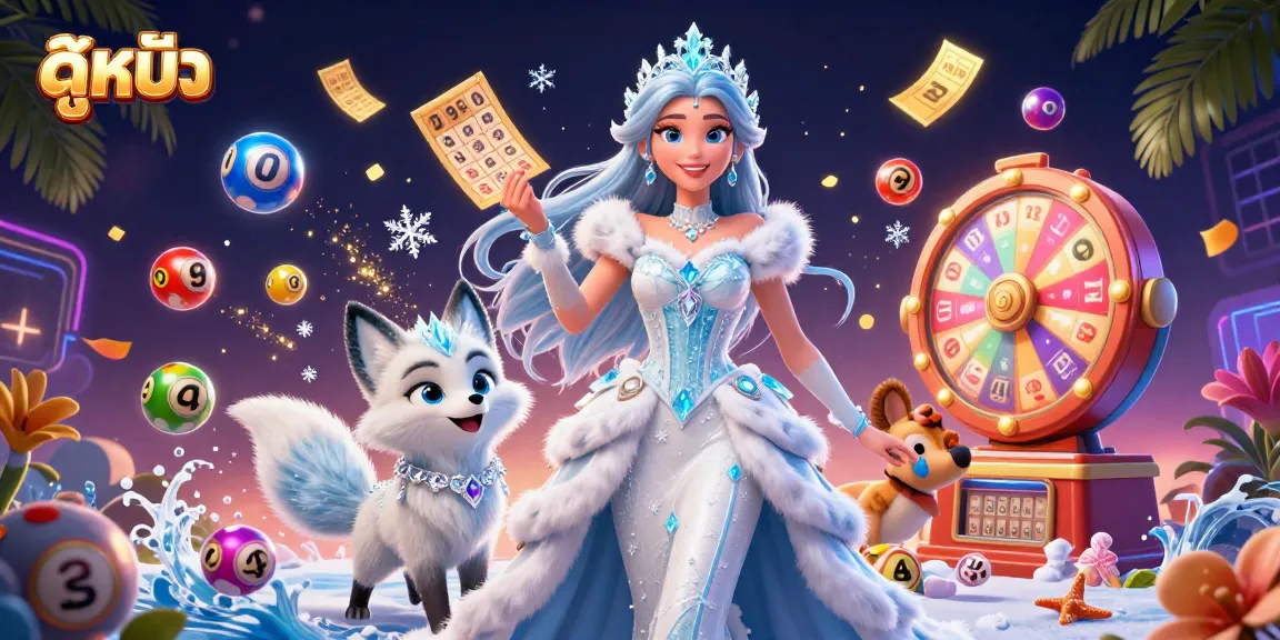 Watch ดูหนัง with a dazzling illustration of a woman in a winter gown and vibrant gambling elements.