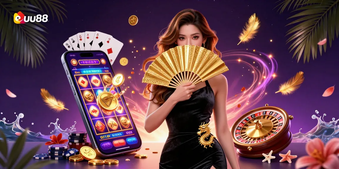 Experience excitement with uu88, featuring a captivating Asian woman and dynamic casino elements.
