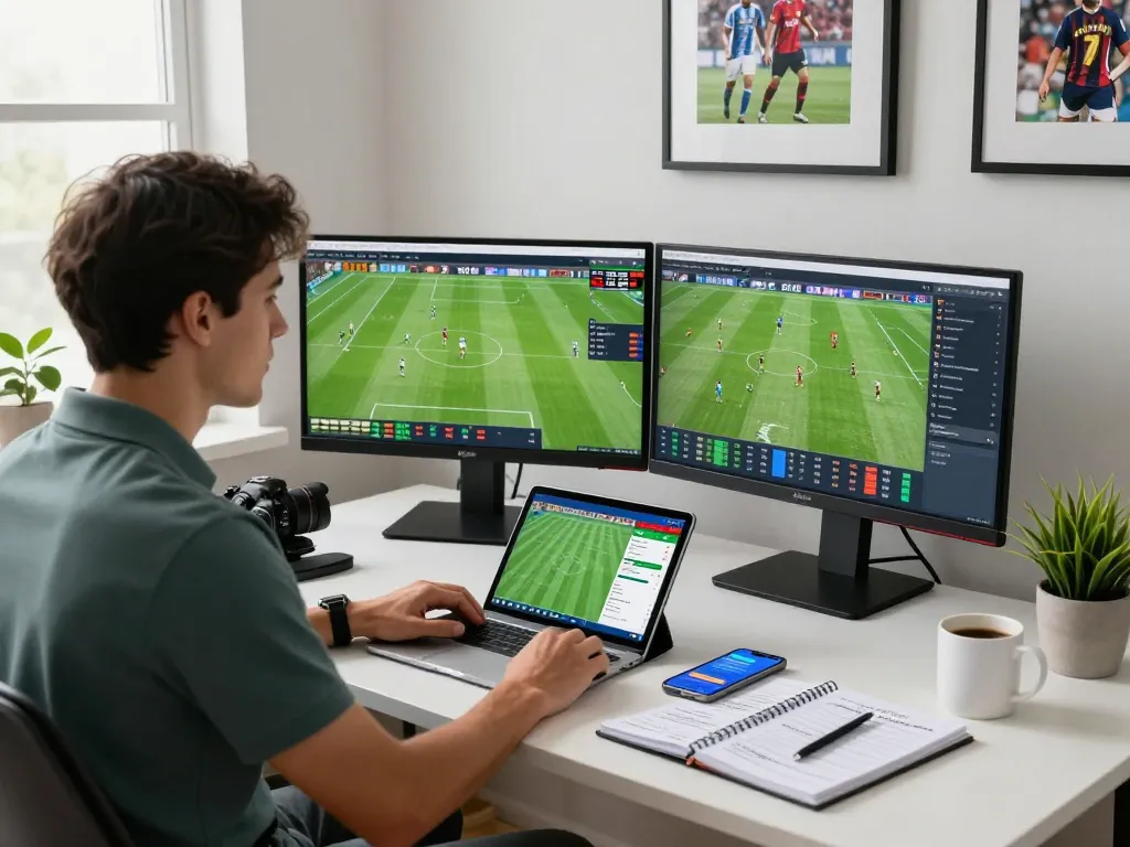 Sports analyst at home office using nowgoal to track live scores and betting odds in 2026.