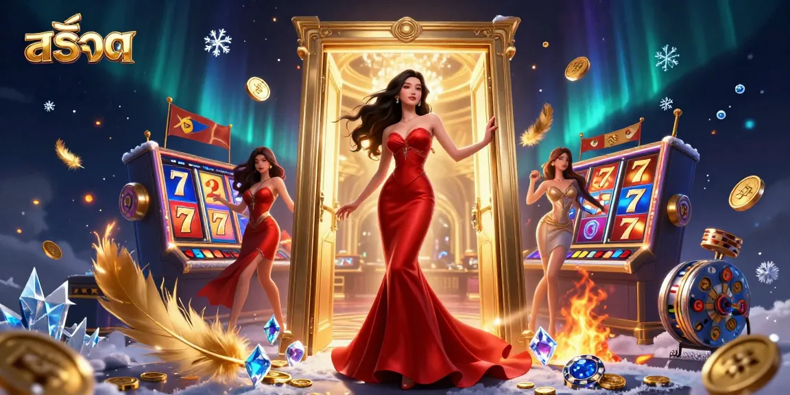 Spin the reels at สล็อต with a stunning Asian woman in a glamorous VIP casino doorway, rich in gold.
