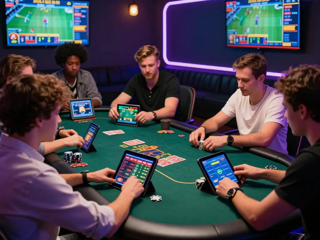 Players enjoying 555win online gaming in a vibrant casino environment with sleek devices and promotions.
