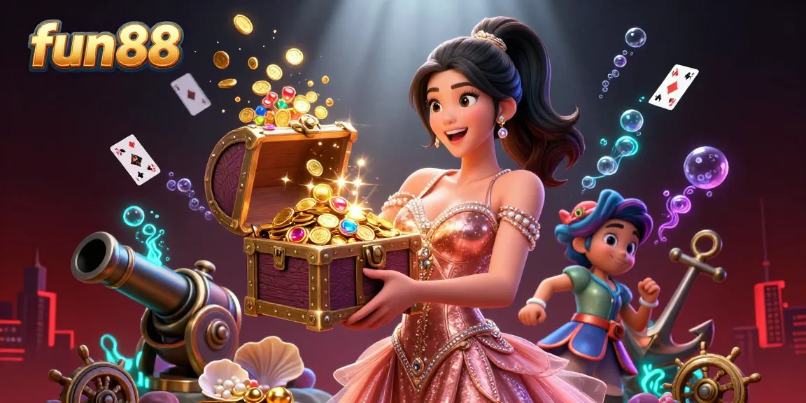 Experience thrill in fun88's treasure chest of riches with gold coins and gems shining brightly.
