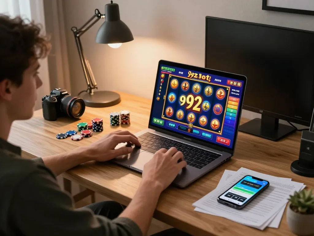 Player enjoying an exciting 92slot game on laptop with vibrant graphics and strategic notes.