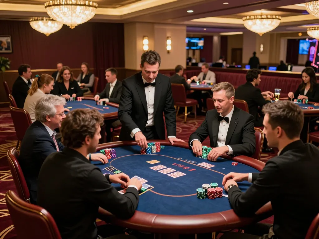 33win players strategizing during an intense poker tournament in a luxury casino setting.