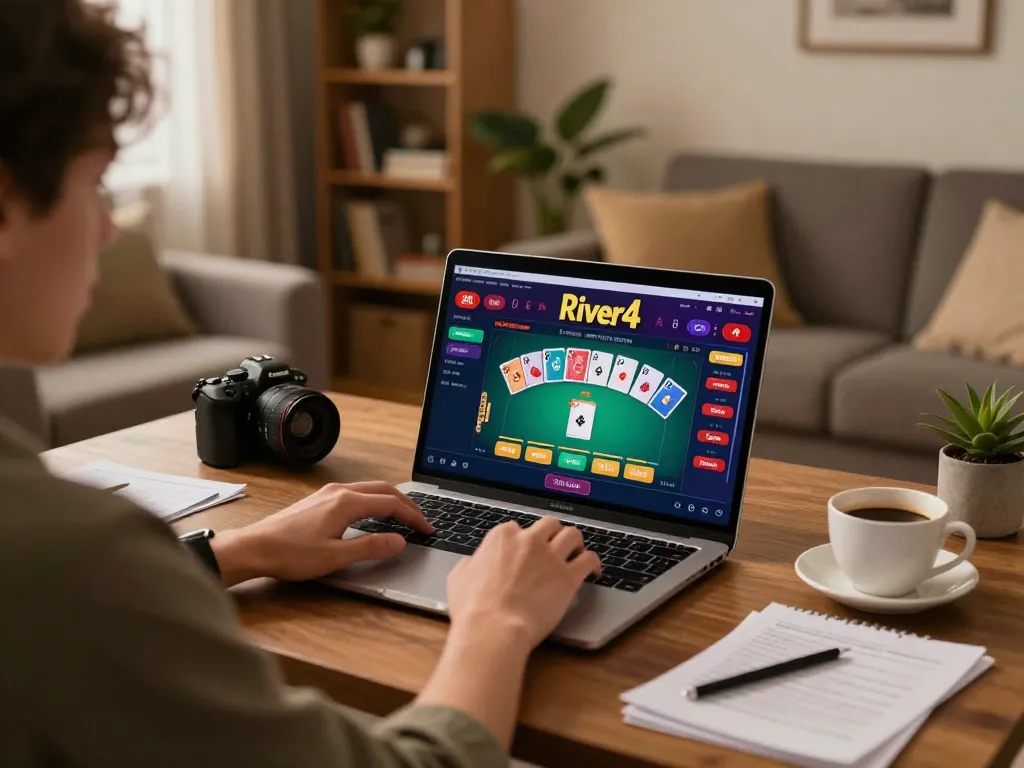 Engaging online poker action on river4 casino interface in cozy home setting.