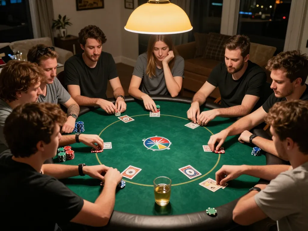 Engaging friends in a lively poker game at home with strategic moments and Say88 online vibes