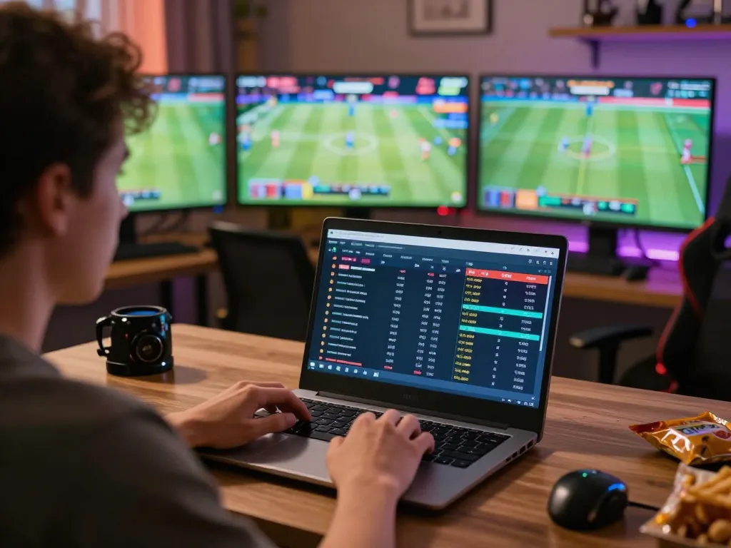 Engaging moment of the Nhà cái DABET user analyzing live sports betting odds, showcasing strategic gameplay in a cozy home office.