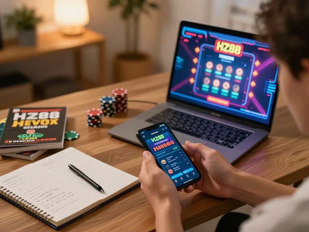 Engaging with the hz88 app on smartphone in a cozy home gaming setup, showcasing strategic entertainment