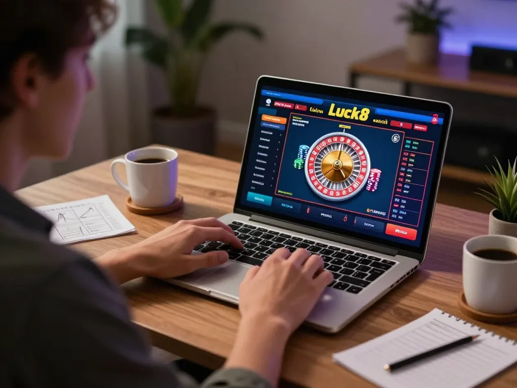 Player enjoying an online roulette game on Luck8, showcasing a comfortable home gaming setup with strategic notes.