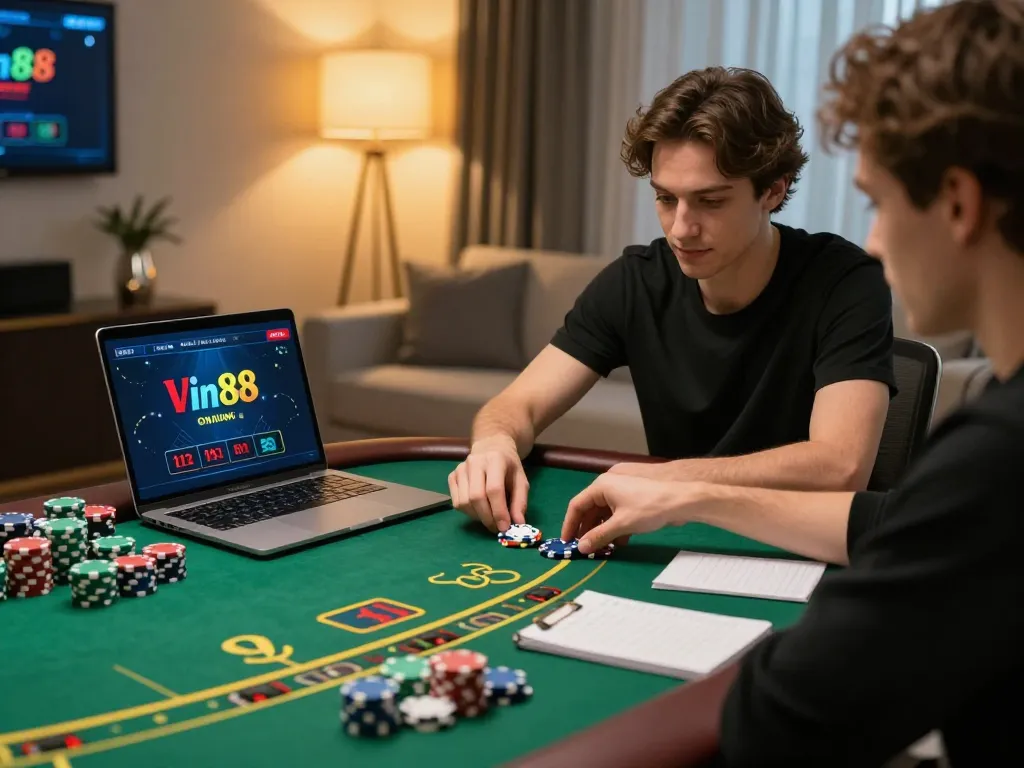 Engaging in live dealer blackjack gameplay at Vin88 online, showcasing a home gaming setup.