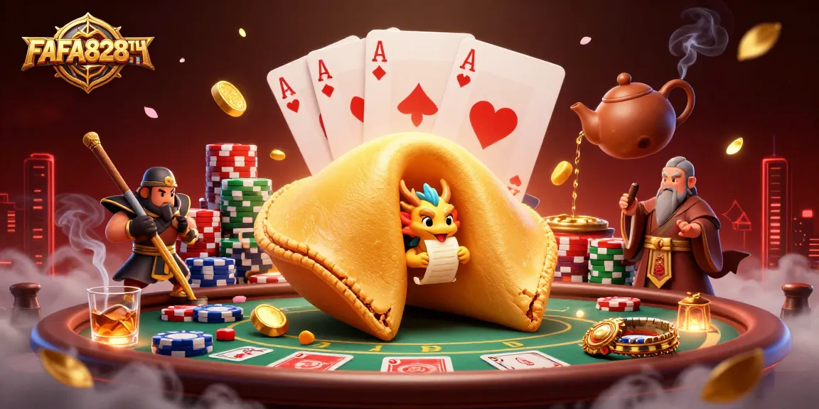 Engage with the vibrant world of FAFA828TH as a wise dragon navigates a golden fortune cookie adventure.
